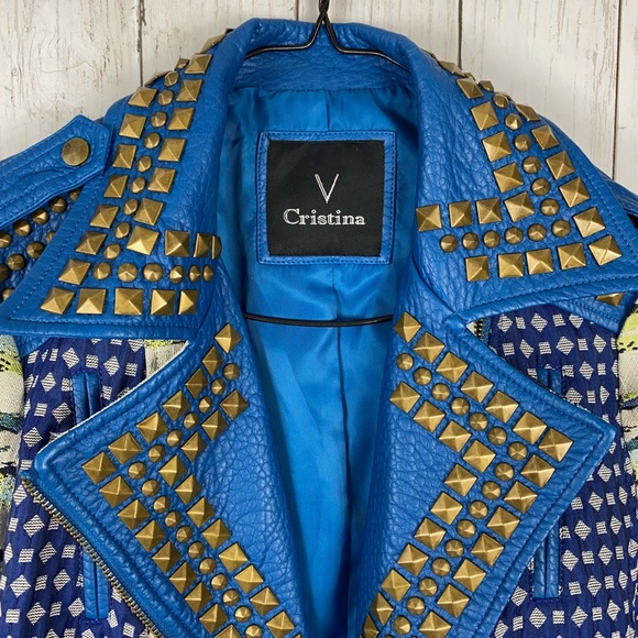 V Cristina Blue Faux Leather Studs Zippers Blazer Jacket Women’s Sz M Petite - Picture 2 of 7